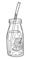 Glass bottle of lemonade with straw hand drawn outline doodle icon. Take away juice vector sketch illustration for print, web, mobile and infographics isolated on white background.