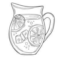 Glass jug with cold lemonade and slices of lemon, orange. Homemade refreshing, summer drink. Doodle. Vector illustration. Outline.