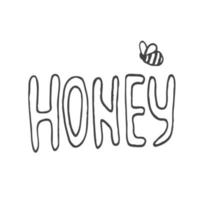 Honey lettering surrounded by bees and doodle flowers. Vector stylized background on a white background, honey logo.