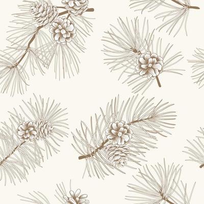 Winter forest seamless pattern with pine branches and cones. Evergreen floral christmas vector illustration. Engraving hand-drawn nature background.