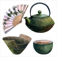 Watercolor asian tea set with dack green teapot, green cup of tea, ceramic vase and japanis fan, isolate on white background. Japanese tea ceremony. vector