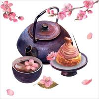 Watercolor illustration of japan tea ceremony, composition of dark purple ceramic teapot, bowl of tea, cupcakes with cherry and cherry blossom twigs, isolated on white background. vector
