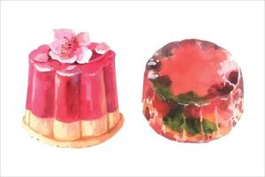 Watercolor japanese confectionery, edible flower Sakura in jelly, wagashi isolate on white background. Food menu design.
