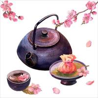 Watercolor illustration of japan tea ceremony, composition of dark purple ceramic teapot, bowl of tea, sakuramochi with tea cloth wrapping and cherry blossom twigs, isolated on white background. vector