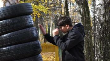 un niño entrenando boxeo en el parque golpeando un saco de boxeo colgado de un árbol. video