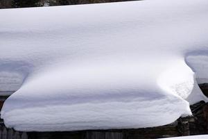 Wood cabin hut in the winter snow background photo