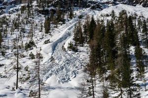 tobogán de nieve de avalancha en las montañas dolomitas foto