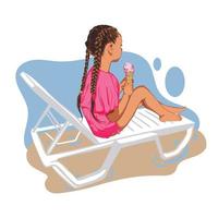 girl in a pink pareo on a sun lounger on the beach eats ice cream. summer illustration vector
