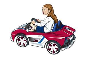 little girl on a children electric car in red and white with blue stripes vector