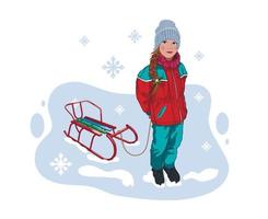 girl with a pigtail in a hat and a winter suit with a sled on a string. winter picture, vector