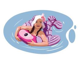 girl in a panama hat swims in an inflatable circle in the form of a fish. summer illustration vector