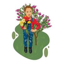 a girl in denim overalls, a red sweater with a bouquet of spring flowers in her hands on the background of a lawn with a lilac bush vector