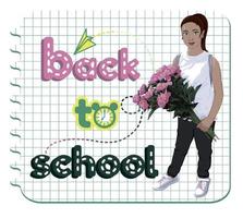 back to school, school postcard with the inscription back to school with a schoolgirl on the background of a sheet with a notebook in a cage. vector illustration