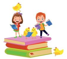 Back to school. Card with funny chickens and kids vector