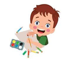 kids cutting colored paper with scissors and painting vector