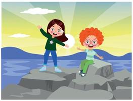 cute happy kids on the cliffs at the beach vector