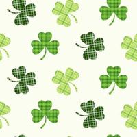 St. Patrick's Day seamless pattern of clover leaves in Irish plaid texture and on isolated background. Hand drawn design for St. Paddy day celebration, party decoration, scrapbooking, home decor. vector