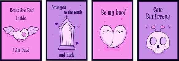 Set of alternative Valentine cards. Creepy clipart. Spooky love. Kawaii pastel goth style. Dead inside. Ragged heart with seam. Be my boo. Ghost couple hugging love. vector
