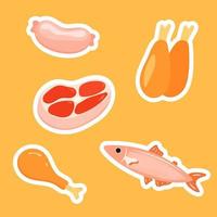 Set assorted food. Ingredients for cooking. Fish, meat, turkey, chicken, sausage. Flat style. Cute stickers. vector