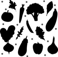 conjunto de diferentes verduras. colección de silueta negra. diversos ingredientes alimentarios. vector