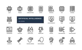 artificial intelligence future technology AI system machine learning collect database detailed outline line icon set vector