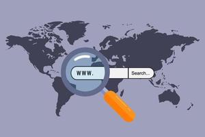 concepto de barra de búsqueda web en línea de mapa mundial y lupa. vector