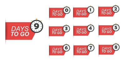 Set of number days left countdown. Count time sale. Nine, eight, seven, six, five, four, three, two, one, zero days left. Isolated vector illustration.