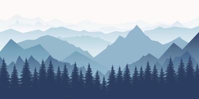 Horizontal mountain landscape with trees. Panoramic view of ridges and forest in fog, vector illustration.