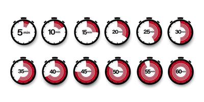 Set of timers. 5, 10, 15, 20, 25, 30, 35, 40, 45, 50, 55, and 60 minutes. Countdown timer icons set. Isolated vector illustration.