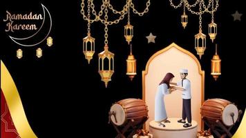 souhait de texte ramadan kareem, avec une ligne noire à gauche du clip. mosquée et lune, place pour la bannière de voeux de texte. logo intro, ramadan kareem eid mubarak musulman eid ramdan night light star family video