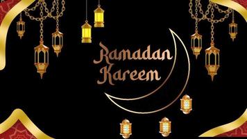 Desejos de texto Ramadan Kareem, com linha preta à esquerda do clipe. e lua, lugar para banner de saudação de texto. introdução do logotipo, ramadan kareem eid mubarak muçulmano eid ramdan luz noturna família estelar video