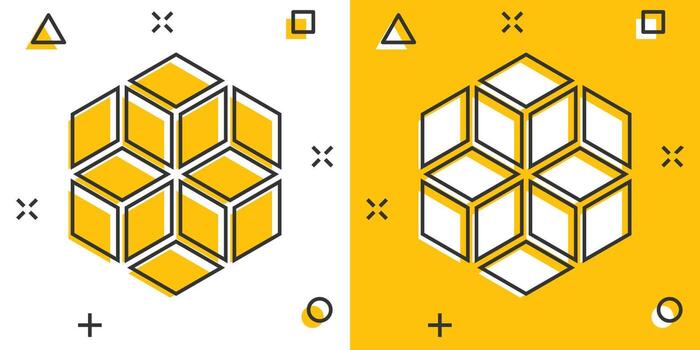 Vector cartoon blockchain technology icon in comic style. Cryptography cube block concept illustration pictogram. Blockchain algorithm business splash effect concept.