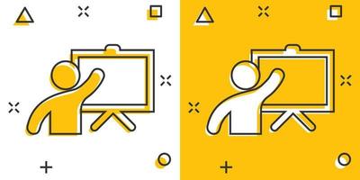 Training education icon in comic style. People seminar vector cartoon illustration pictogram. School classroom lesson business concept splash effect.