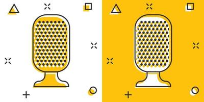 Microphone icon in comic style. Mic broadcast vector cartoon illustration pictogram. Microphone mike speech business concept splash effect.