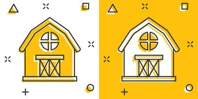 Barn icon in comic style. Farm house cartoon vector illustration on white isolated background. Agriculture storehouse splash effect business concept.