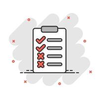 Document checklist icon in comic style. Report cartoon vector illustration on white isolated background. Paper sheet splash effect business concept.