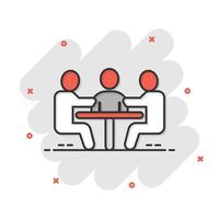 People with table icon in comic style. Teamwork conference cartoon vector illustration on white isolated background. Speaker dialog splash effect business concept.