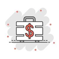 Money briefcase icon in comic style. Cash box cartoon vector illustration on white isolated background. Finance splash effect business concept.