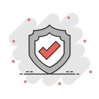 Shield with check mark icon in comic style. Protect cartoon vector illustration on white isolated background. Checkmark guard splash effect business concept.