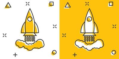 Vector cartoon rocket icon in comic style. Startup launch sign illustration pictogram. Rocket business splash effect concept.