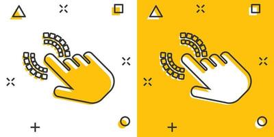 Vector cartoon click hand icon in comic style. Cursor finger sign illustration pictogram. Pointer business splash effect concept.