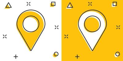 Vector cartoon pin location icon in comic style. Navigation map, gps sign illustration pictogram. Pin business splash effect concept.