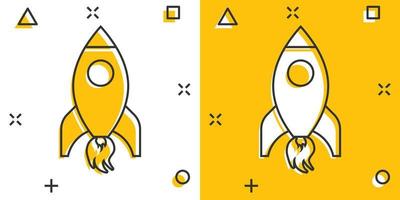 Rocket space ship icon in comic style. Spaceship vector cartoon illustration pictogram. Rocket start business concept splash effect.