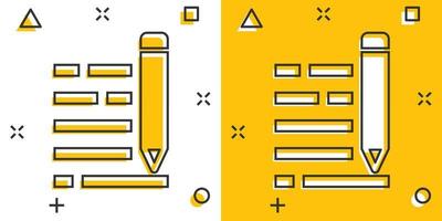 icono de bloc de notas de lápiz en estilo cómico. documento escribir ilustración de dibujos animados vectoriales sobre fondo blanco aislado. efecto de salpicadura de concepto de negocio de dibujo de pluma. vector