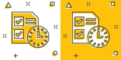 Contract time icon in comic style. Document with clock cartoon vector illustration on white background. Deadline splash effect business concept.