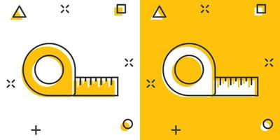 icono de cinta métrica en estilo cómico. regla dibujos animados signo vector ilustración sobre fondo blanco aislado. concepto de negocio de efecto de salpicadura de medidor.