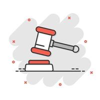 icono de martillo de subasta en estilo cómico. Ilustración de vector de dibujos animados de signo de corte sobre fondo blanco aislado. concepto de negocio de efecto de salpicadura de tribunal.