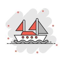 icono de barco de turismo en estilo cómico. ilustración de vector de dibujos animados de barco de pesca sobre fondo blanco aislado. concepto de negocio de efecto de salpicadura de destino de petrolero.