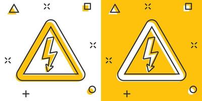 icono de peligro de alto voltaje de dibujos animados vectoriales en estilo cómico. Pictograma de ilustración de signo de electricidad de peligro. concepto de efecto de salpicadura de negocio de alto voltaje. vector