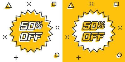 Vector cartoon discount sticker icon in comic style. Sale tag illustration pictogram. Promotion 50 percent discount splash effect concept.